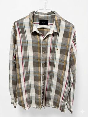 ROLLA'S Men’s Plaid Button-Down Shirt in Gray, White, Yellow & Red Accents SizeM